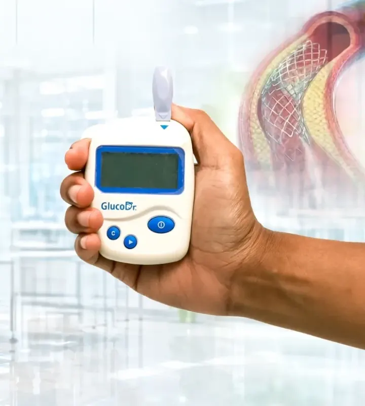 A hand holding a handheld glucose meter