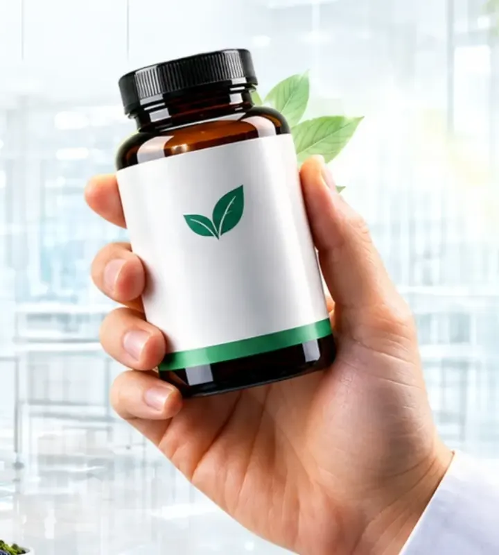 A hand holding an unlabelled supplement bottle