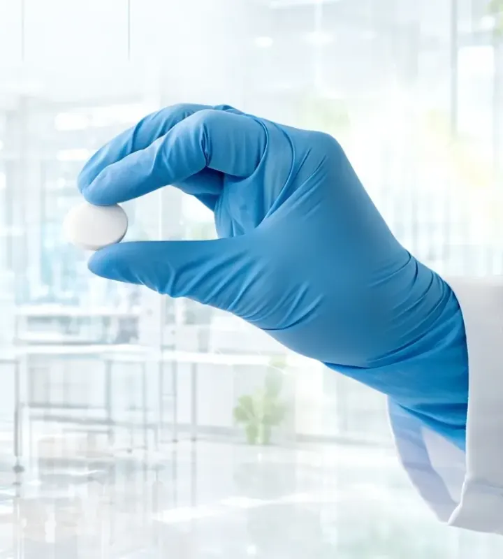 A gloved hand holding a white tablet