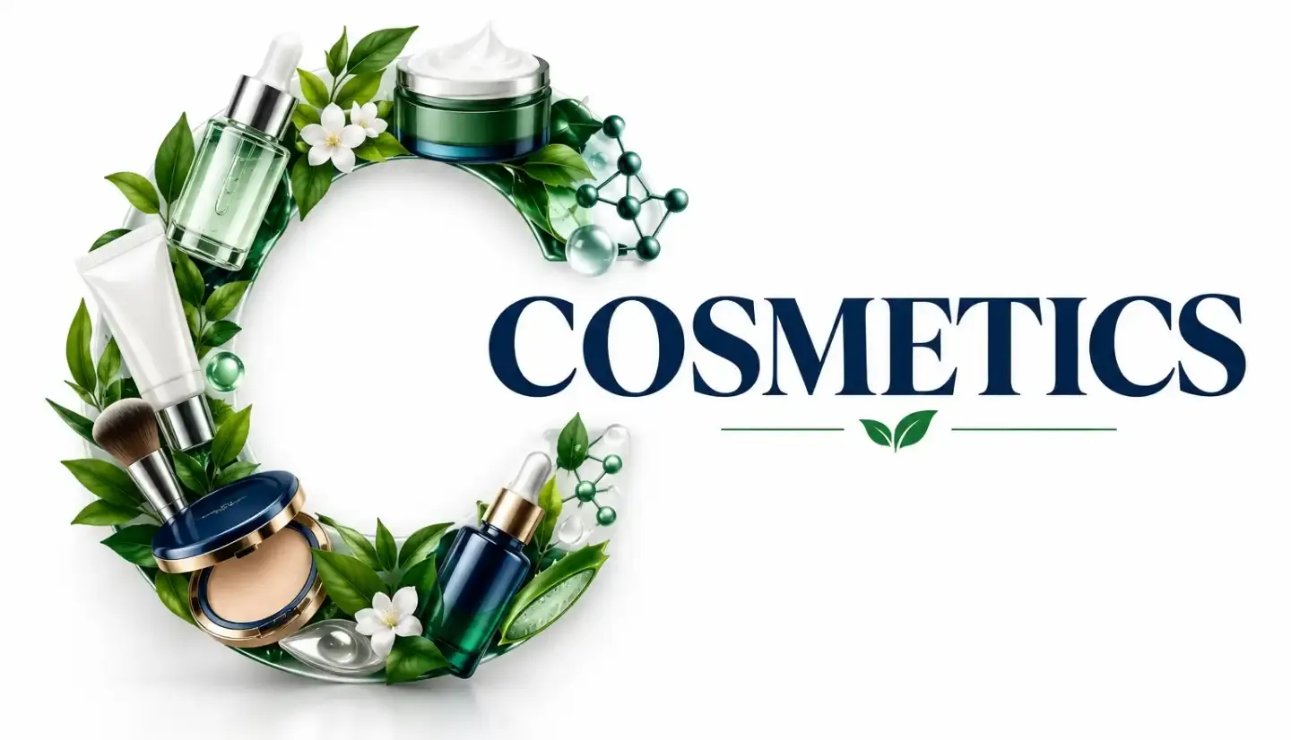 Cosmetics — a letter C formed from serum bottles, a cream jar, a tube, a brush and a compact among green leaves