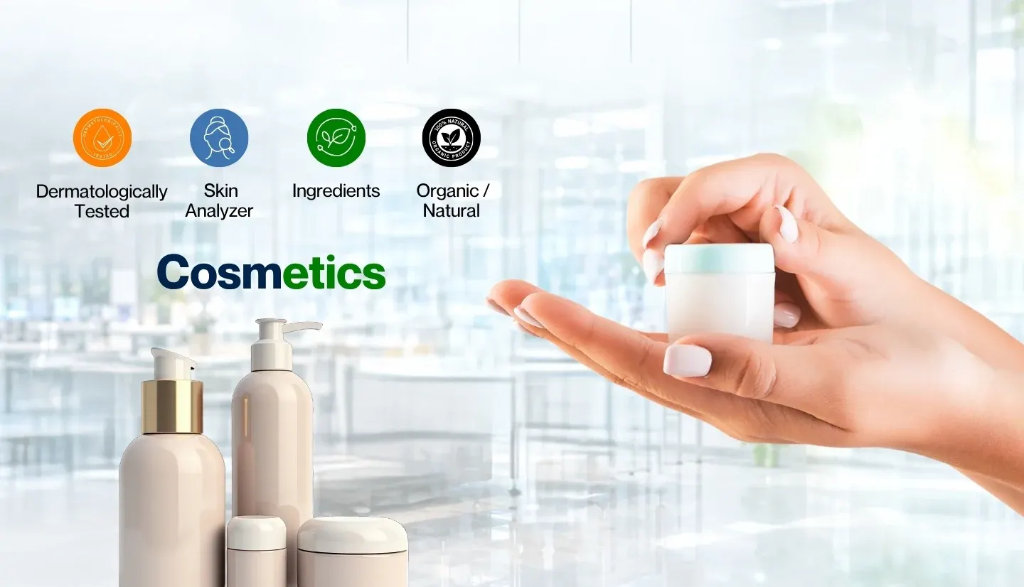 Cosmetics — a hand holding a cream jar beside skincare bottles, with icons for dermatologically tested, skin analyzer, ingredients and organic or natural