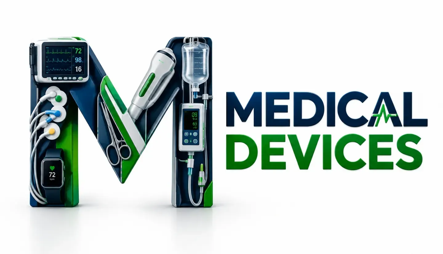 Medical Devices — a letter M formed from a patient monitor, ECG leads, an infusion pump and surgical instruments
