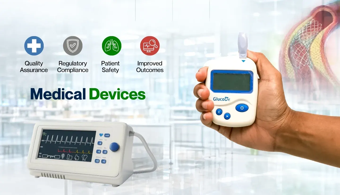 Medical Devices — a hand holding a glucose meter beside a patient monitor, with icons for quality assurance, regulatory compliance, patient safety and improved outcomes