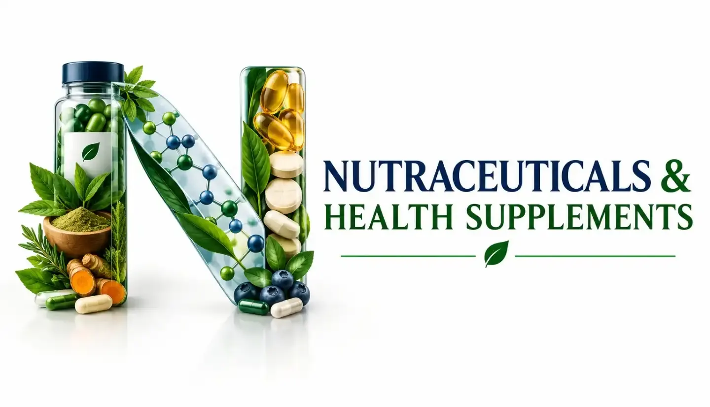 Nutraceuticals & Health Supplements — a letter N formed from a supplement jar and a capsule tube, filled with herbs, turmeric, softgels and tablets