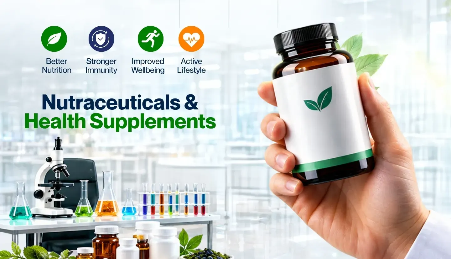 Nutraceuticals & Health Supplements — a hand holding a supplement bottle beside lab glassware, with icons for better nutrition, stronger immunity, improved wellbeing and active lifestyle