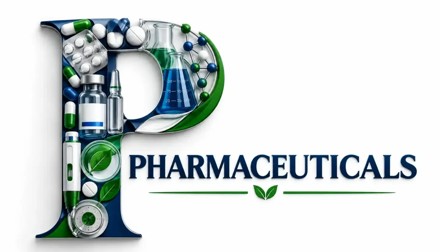 Pharmaceuticals — a letter P formed from tablets, capsules, a vial, an ampoule and laboratory glassware