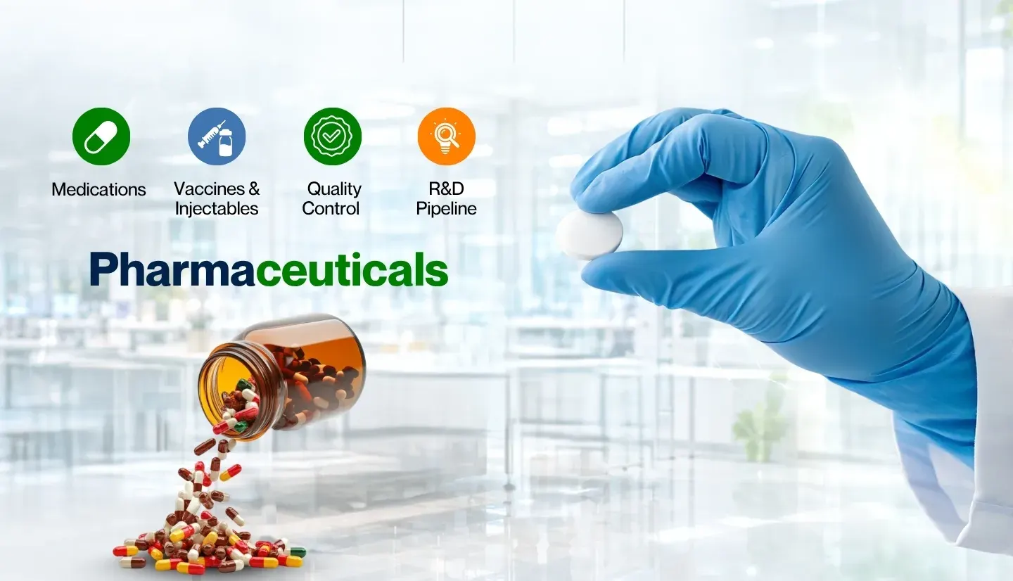 Pharmaceuticals — a gloved hand holding a tablet above capsules spilling from a bottle, with icons for medications, vaccines and injectables, quality control and R&D pipeline